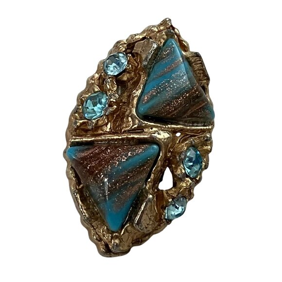 Vintage 60s Faux Turquoise Hubble Glass Gold Tone Clip On Earrings Geode Retro - Picture 3 of 7